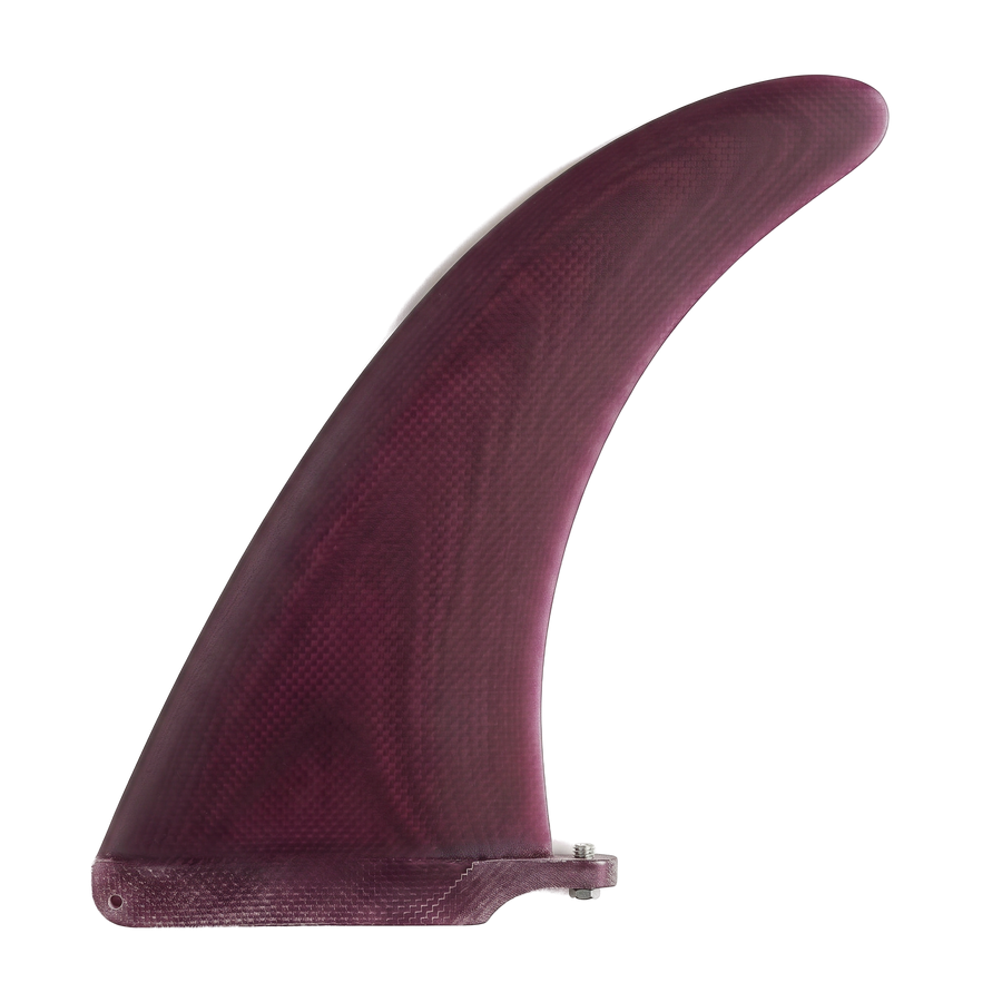 Burgundy fibreglass dolphin longboard fin for US Box by Fin Blanks