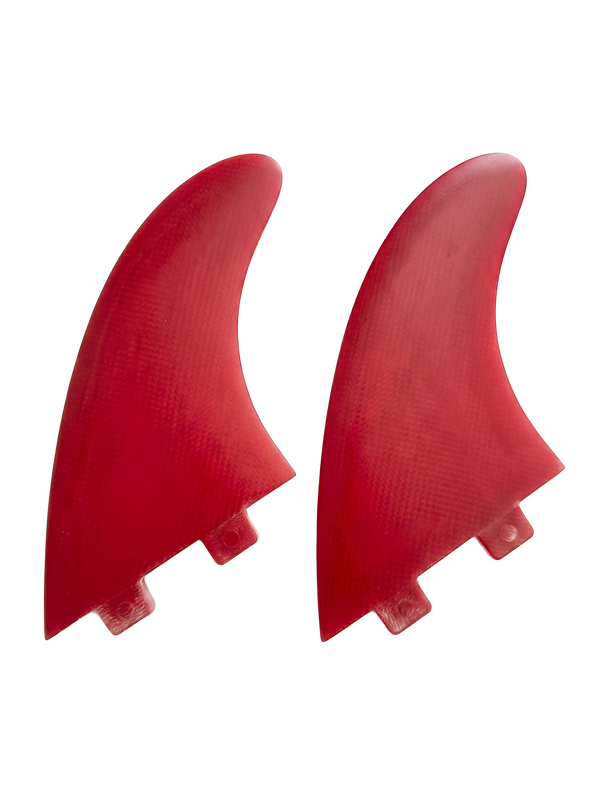 Cherry Red fibreglass MR-style twin fins for FCS I-style boxes by Fin Blanks