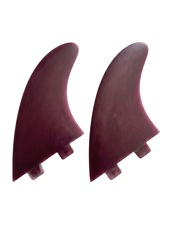 Burgundy fibreglass MR-style twin fins for FCS I-style boxes by Fin Blanks