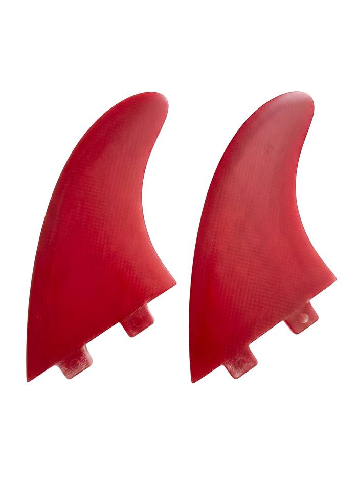 Cherry Red fibreglass MR-style twin fins for FCS I-style boxes by Fin Blanks