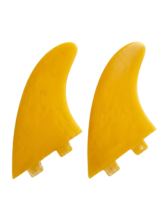 Sunshine Yellow fibreglass MR-style twin fins for FCS I-style boxes by Fin Blanks