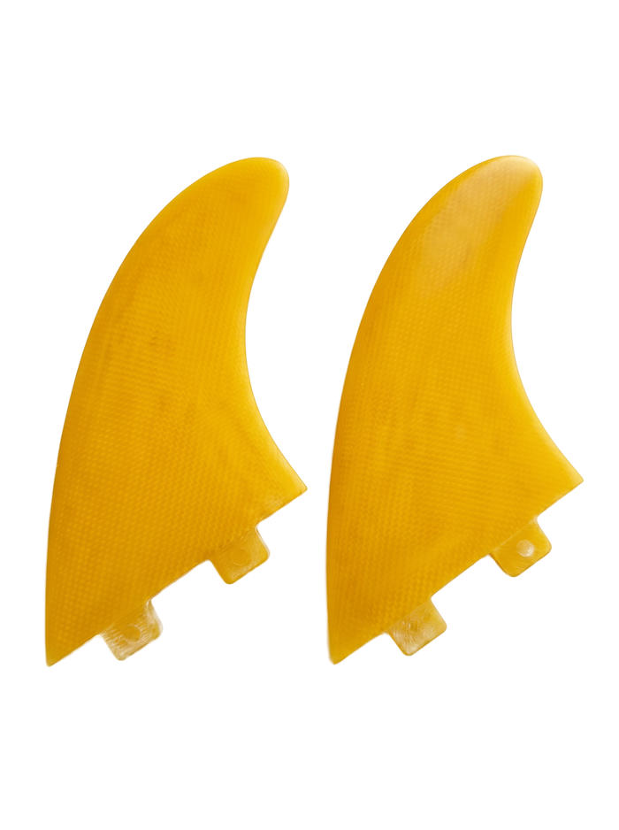 Sunshine Yellow fibreglass MR-style twin fins for FCS I-style boxes by Fin Blanks